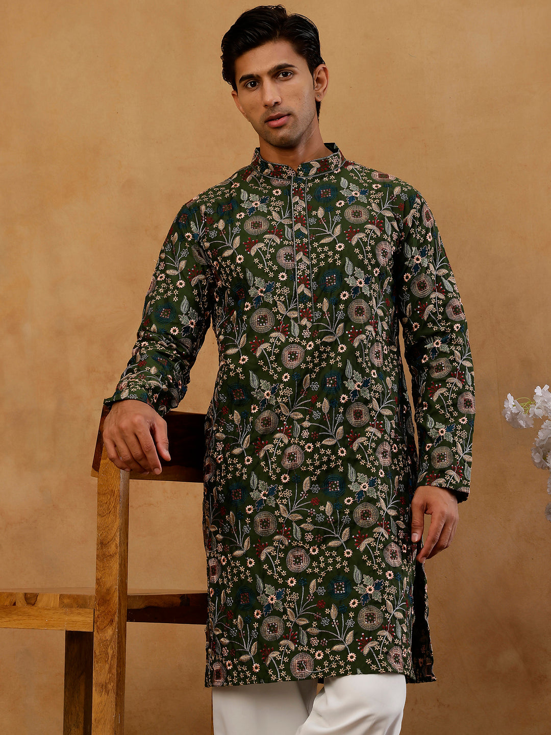 Silk Blend Floral Embroidered Kurta For Men
