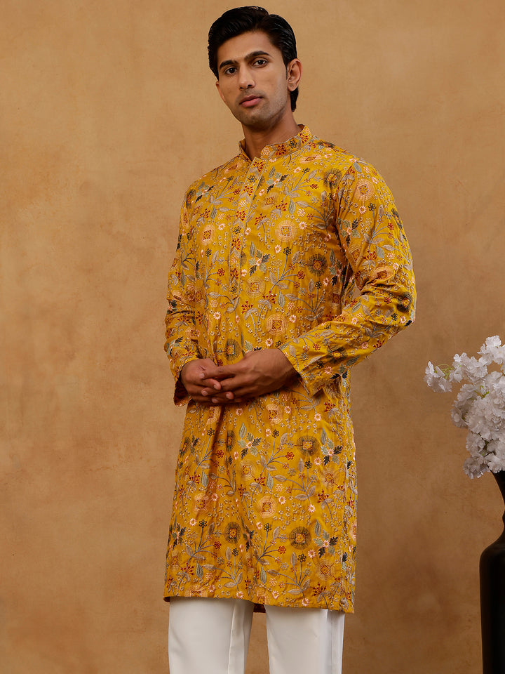 Silk Blend Floral Embroidered Kurta For Men