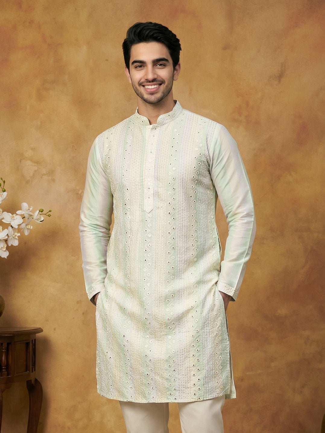 Embroidered And Mirror Work Straight Kurta For Men