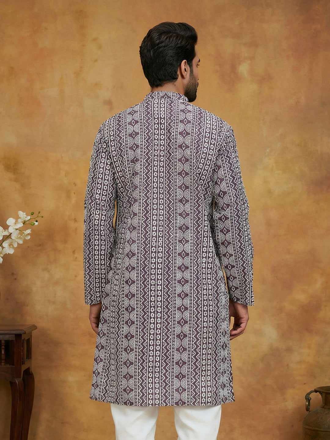 Geometric Print Silk Blend Straight Kurta For Men