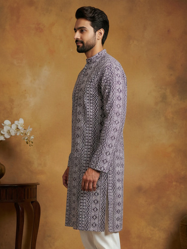 Geometric Print Silk Blend Straight Kurta For Men