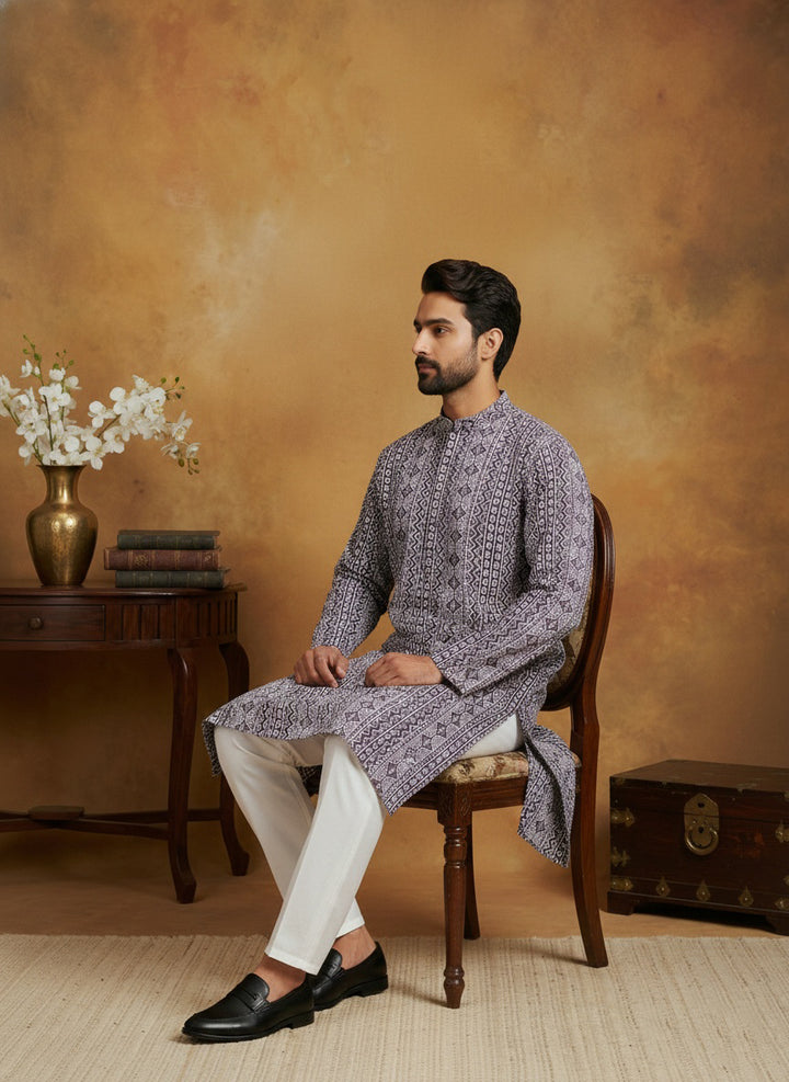 Geometric Print Silk Blend Straight Kurta For Men