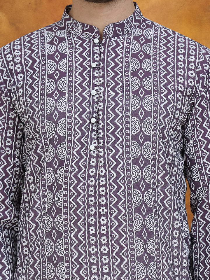Geometric Print Silk Blend Straight Kurta For Men