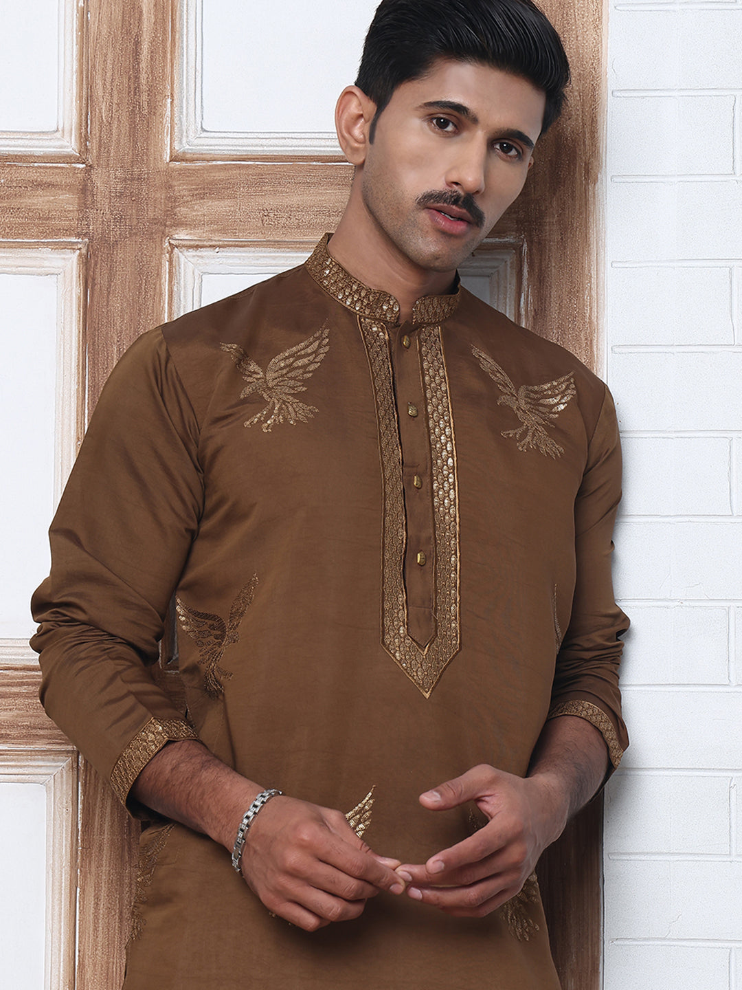 Silk Blend Kurta With Golden Eagle Embroidery