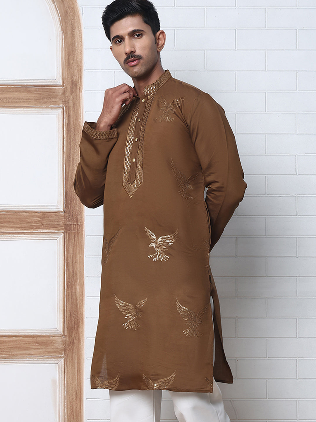Silk Blend Kurta With Golden Eagle Embroidery