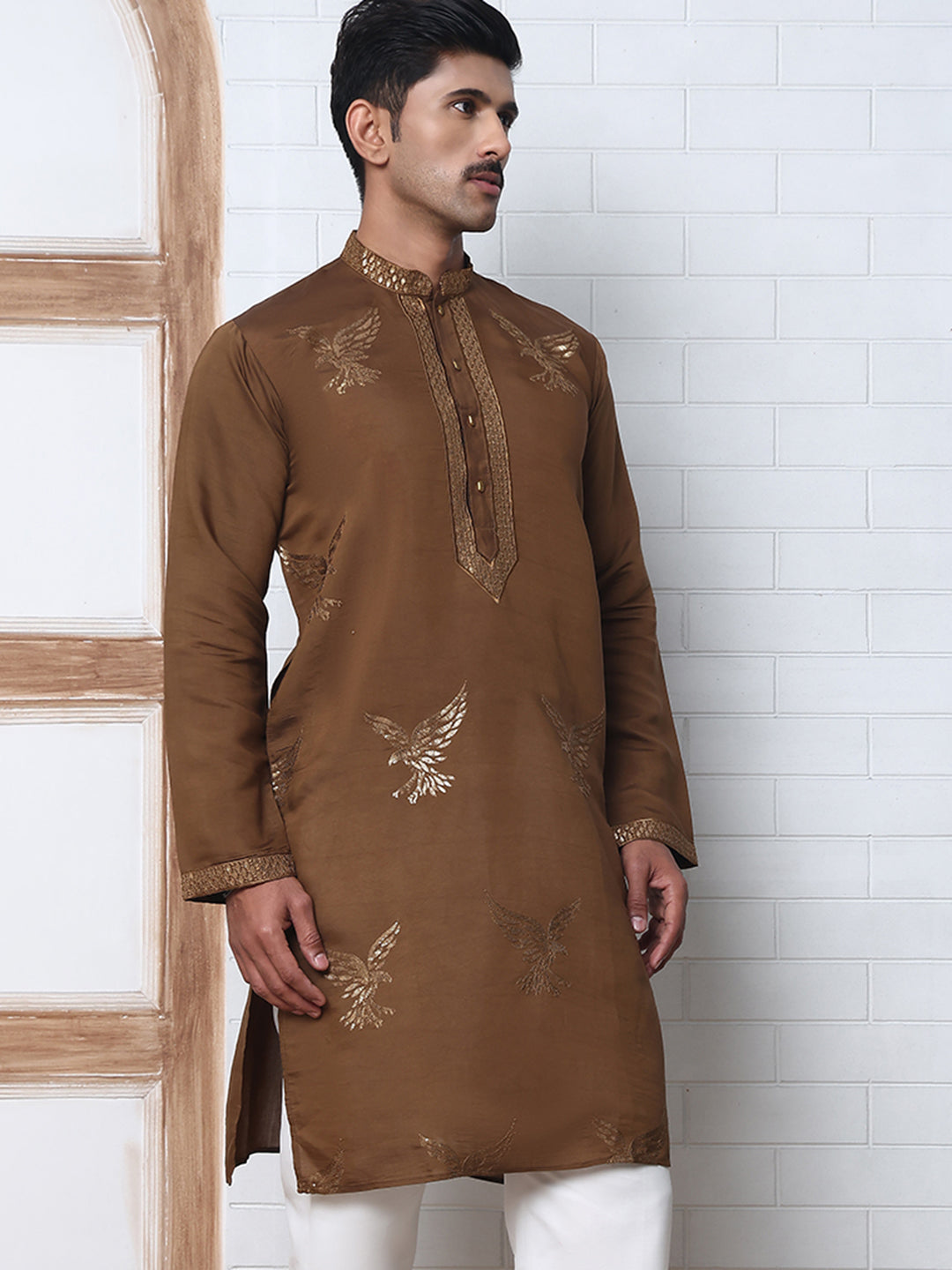 Silk Blend Kurta With Golden Eagle Embroidery