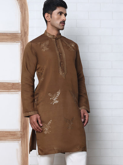 Silk Blend Kurta With Golden Eagle Embroidery