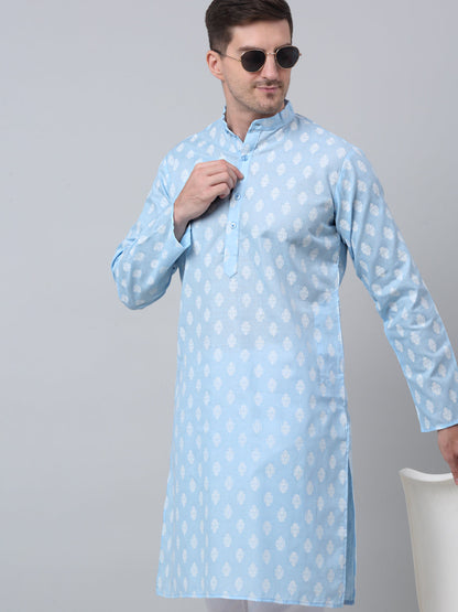 Men Sky And White Floral Printed Kurtas