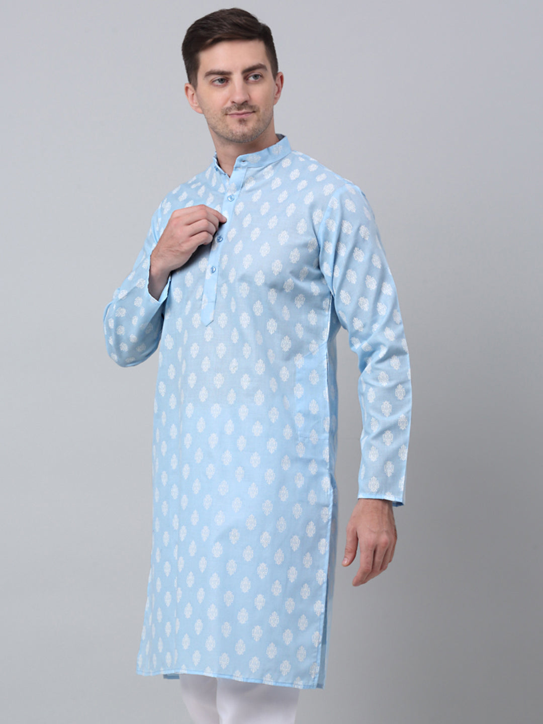 Men Sky And White Floral Printed Kurtas