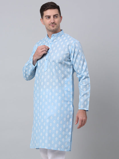 Men Sky And White Floral Printed Kurtas