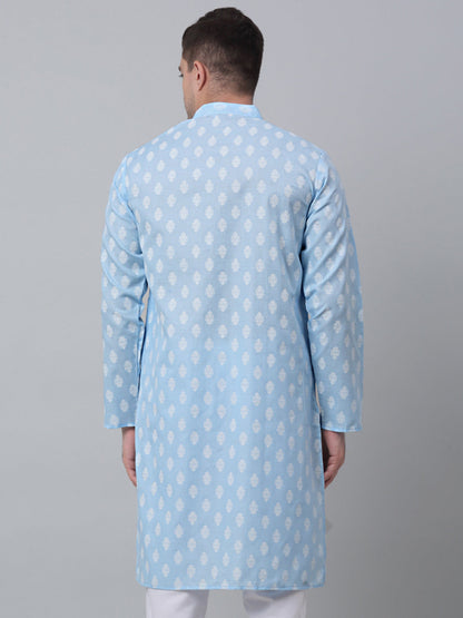 Men Sky And White Floral Printed Kurtas