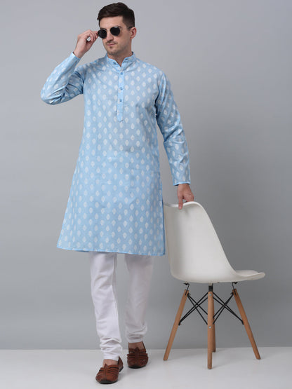 Men Sky And White Floral Printed Kurtas
