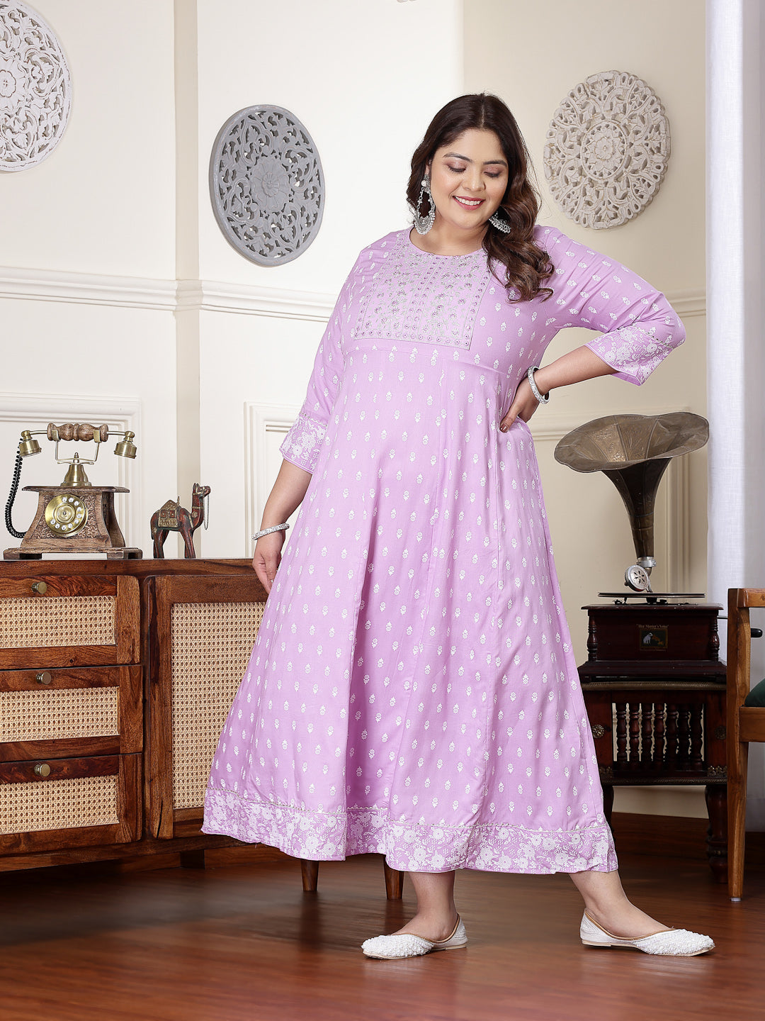 Plus Size Printed & Embroidered Rayon Anarkali Kurta