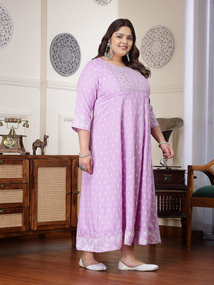 Plus Size Printed &amp; Embroidered Rayon Anarkali Kurta