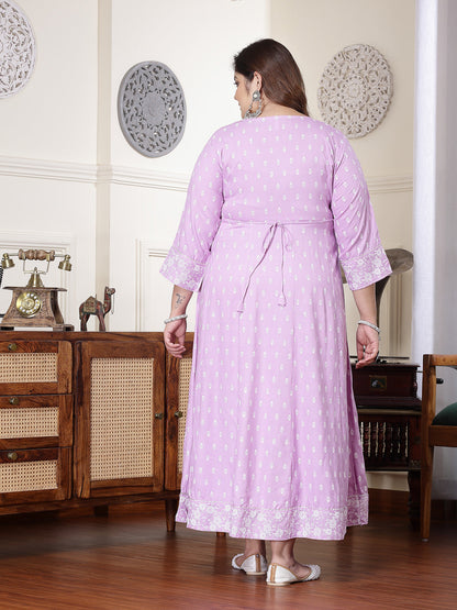 Plus Size Printed & Embroidered Rayon Anarkali Kurta (Pre-Order)
