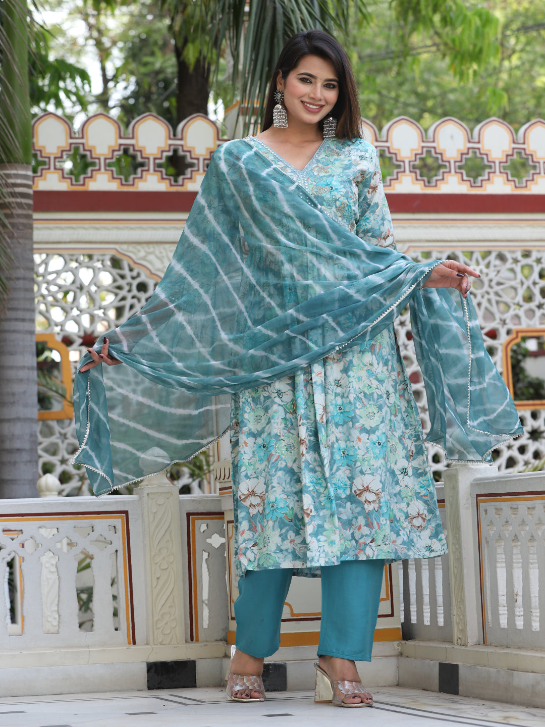 Multi Alia Cut Rayon Printd Embroiderd Kurta With Pant And Dupatta