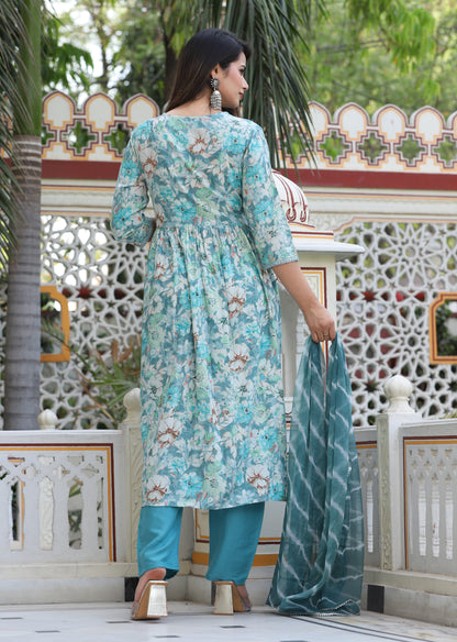 Multi Alia Cut Rayon Printd Embroiderd Kurta With Pant And Dupatta