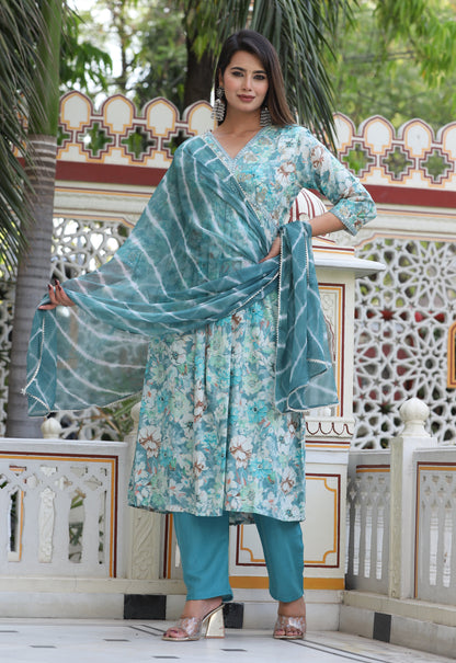 Multi Alia Cut Rayon Printd Embroiderd Kurta With Pant And Dupatta