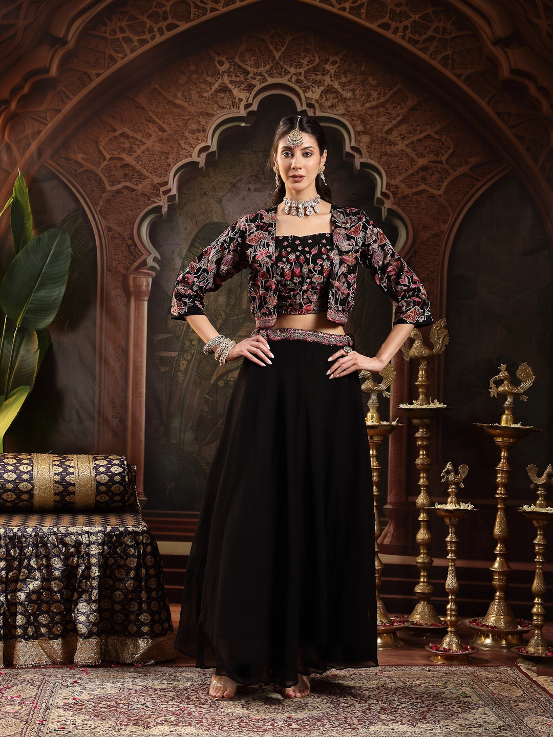 Black Solid & Embroidered Georgette Lehenga Choli With Short Jacket
