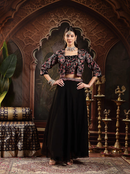 Black Solid & Embroidered Georgette Lehenga Choli With Short Jacket