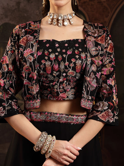 Black Solid & Embroidered Georgette Lehenga Choli With Short Jacket (Pre-Order)