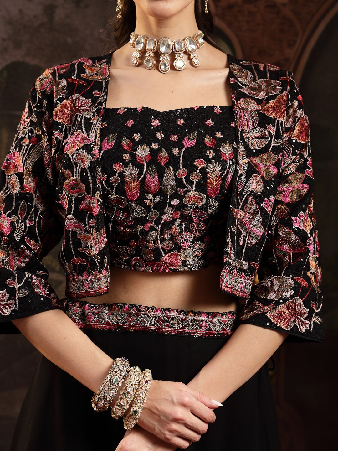 Black Solid & Embroidered Georgette Lehenga Choli With Short Jacket