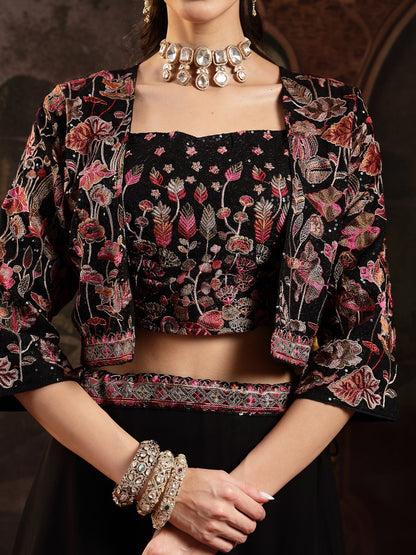 Black Solid & Embroidered Georgette Lehenga Choli With Short Jacket