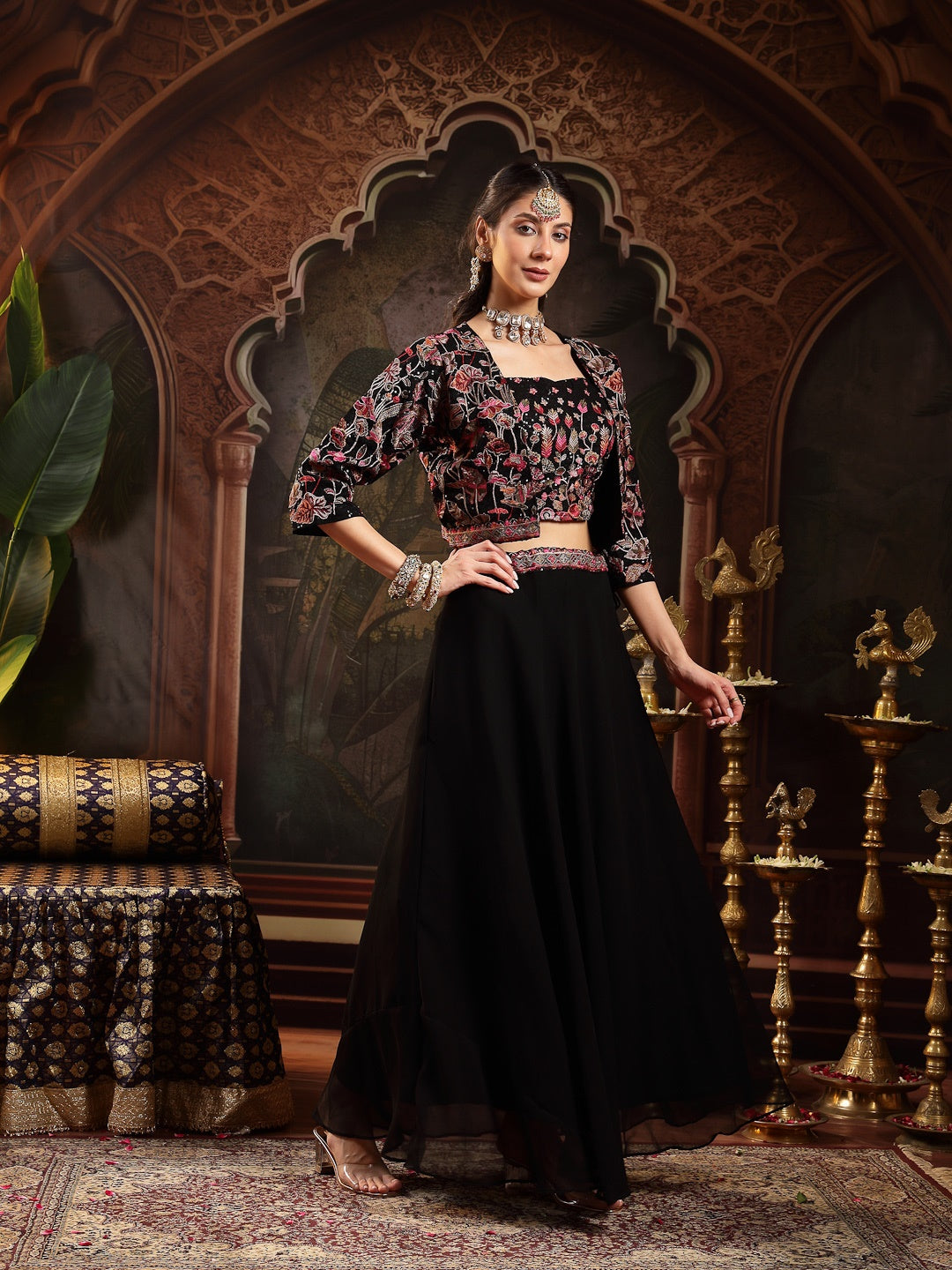 Black Solid & Embroidered Georgette Lehenga Choli With Short Jacket