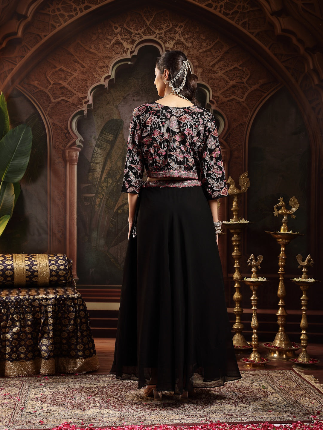 Black Solid & Embroidered Georgette Lehenga Choli With Short Jacket