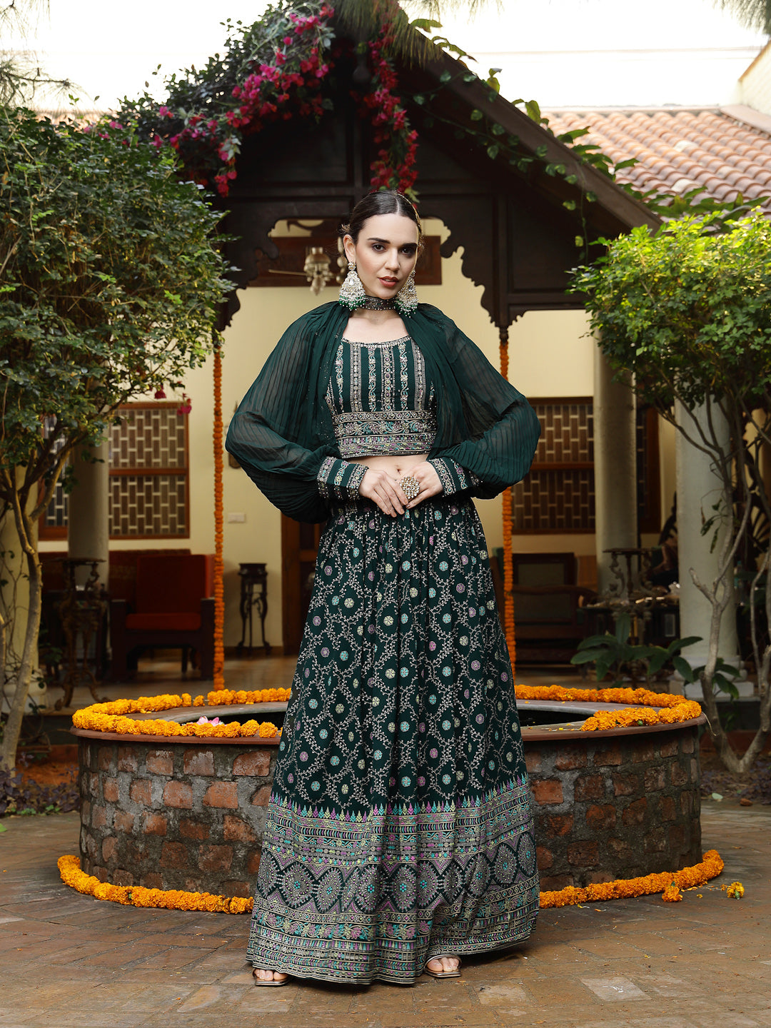 Green Ethnic Motif Printed Georgette Lehenga & Blouse with Shrug