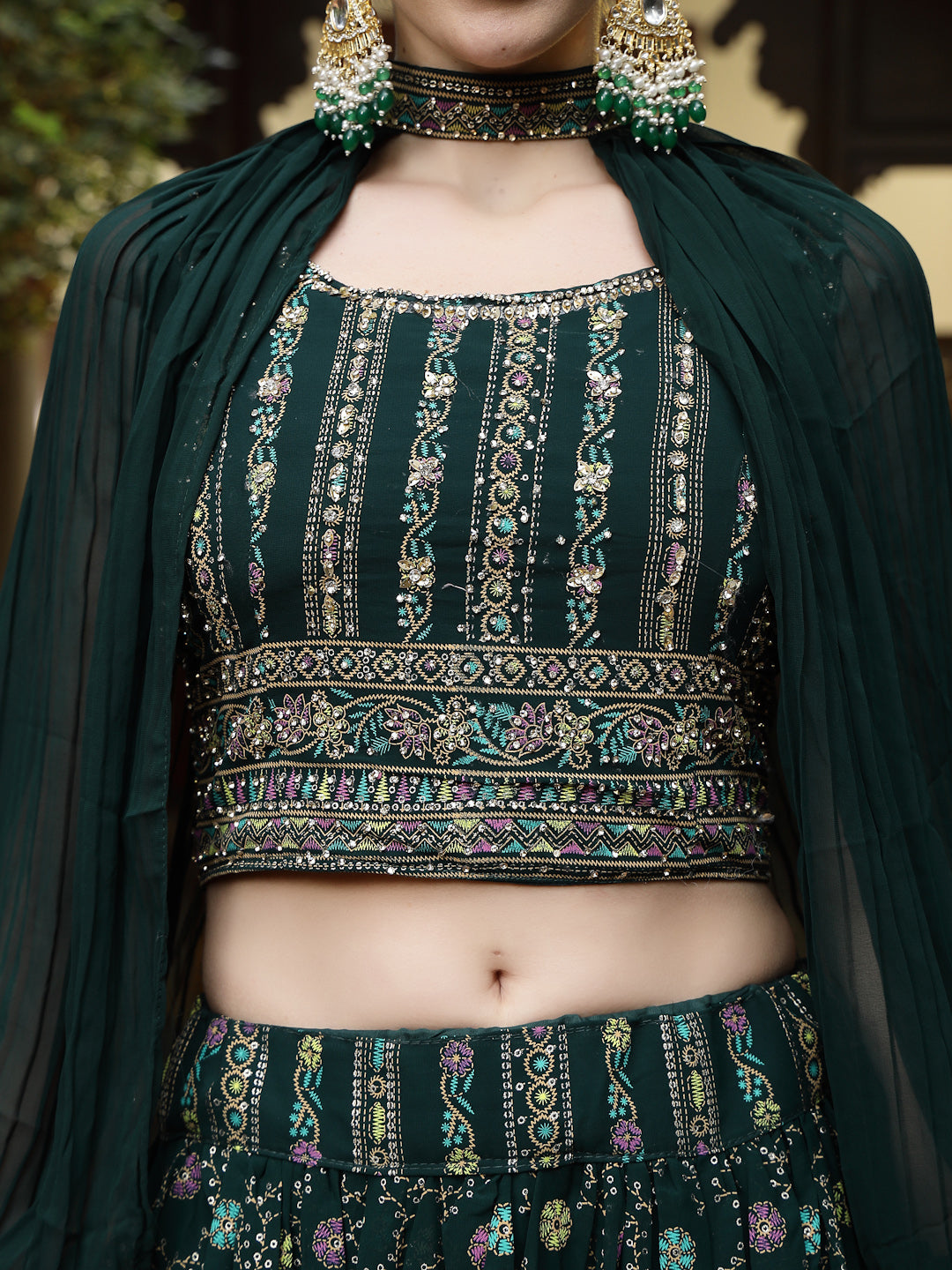 Green Ethnic Motif Printed Georgette Lehenga & Blouse with Shrug