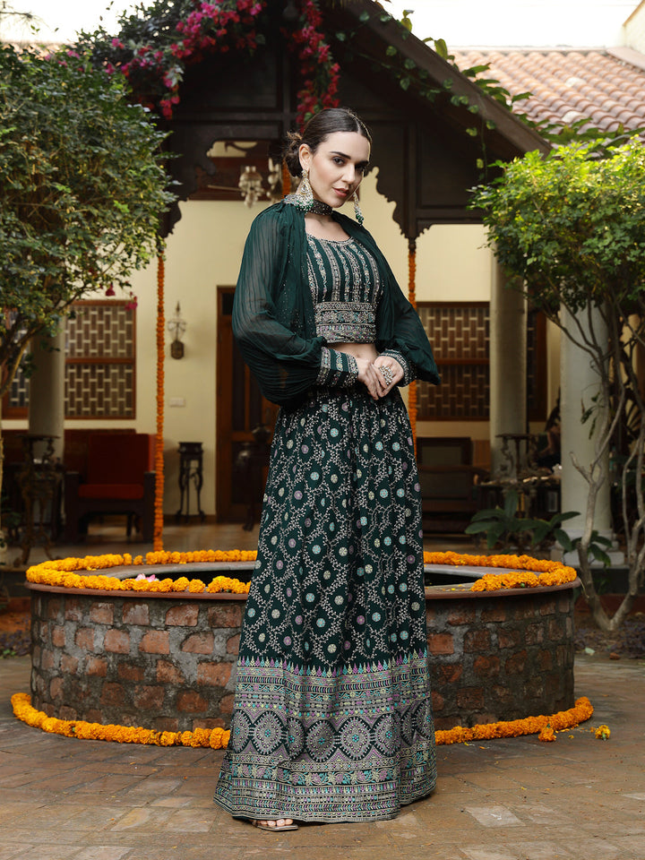 Green Ethnic Motif Printed Georgette Lehenga &amp; Blouse with Shrug