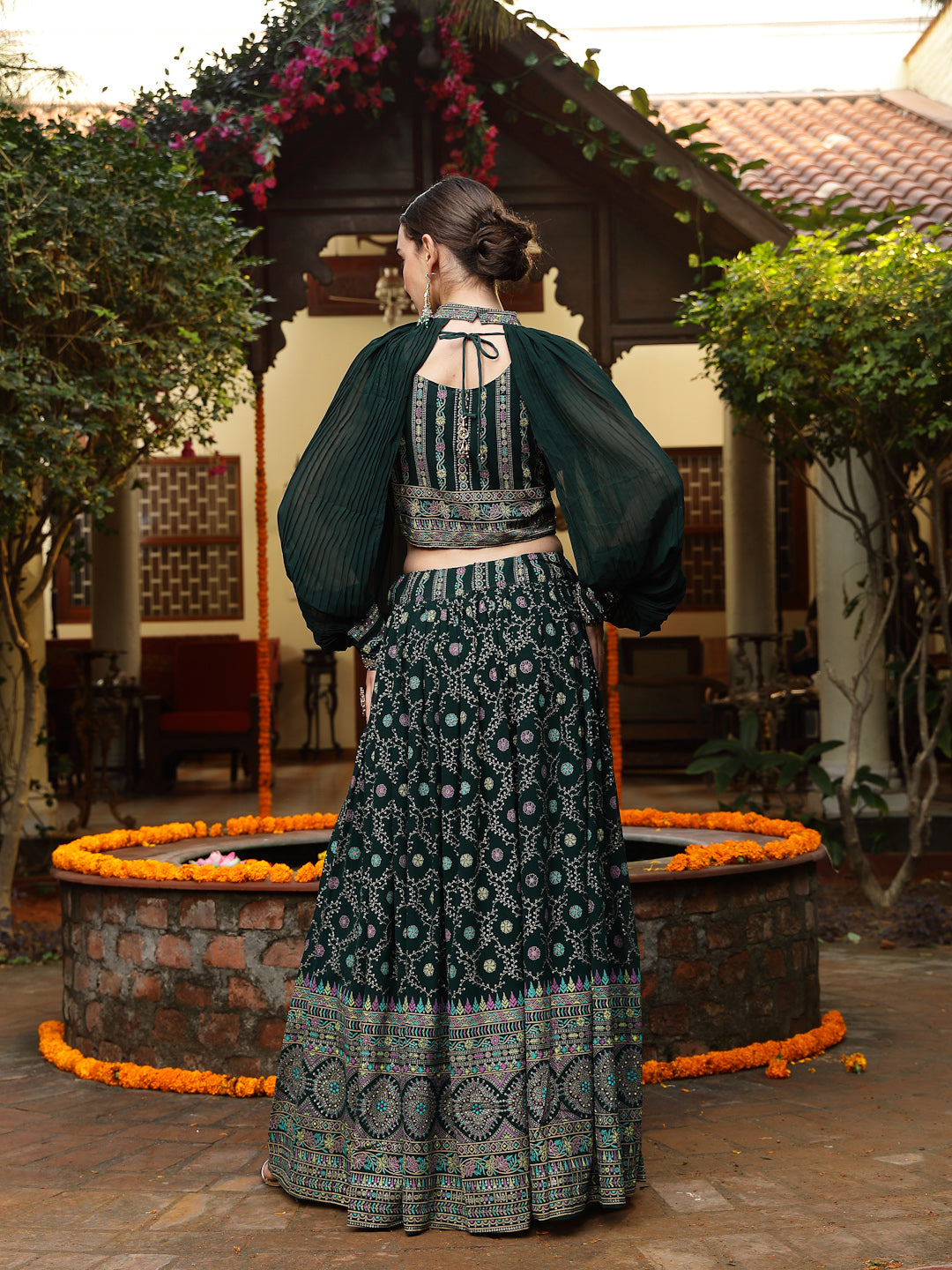 Green Ethnic Motif Printed Georgette Lehenga & Blouse with Shrug