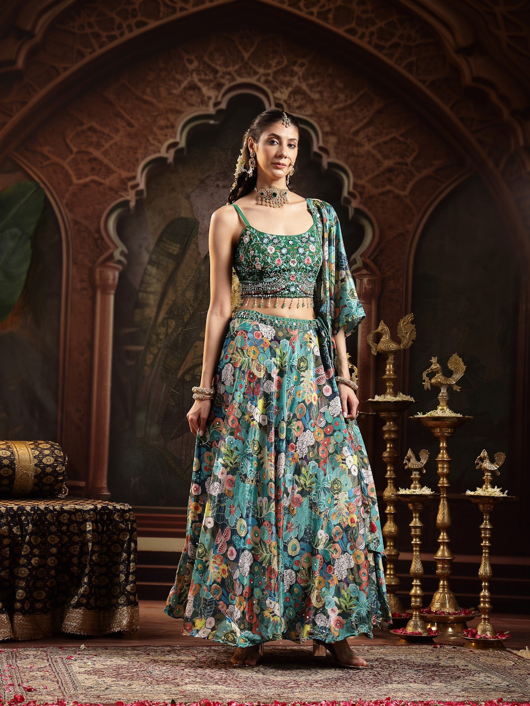 Green Floral Printed &amp; Embroidered Silk Blend Lehenga Choli With Dupatta