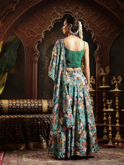 Green Floral Printed & Embroidered Silk Blend Lehenga Choli With Dupatta