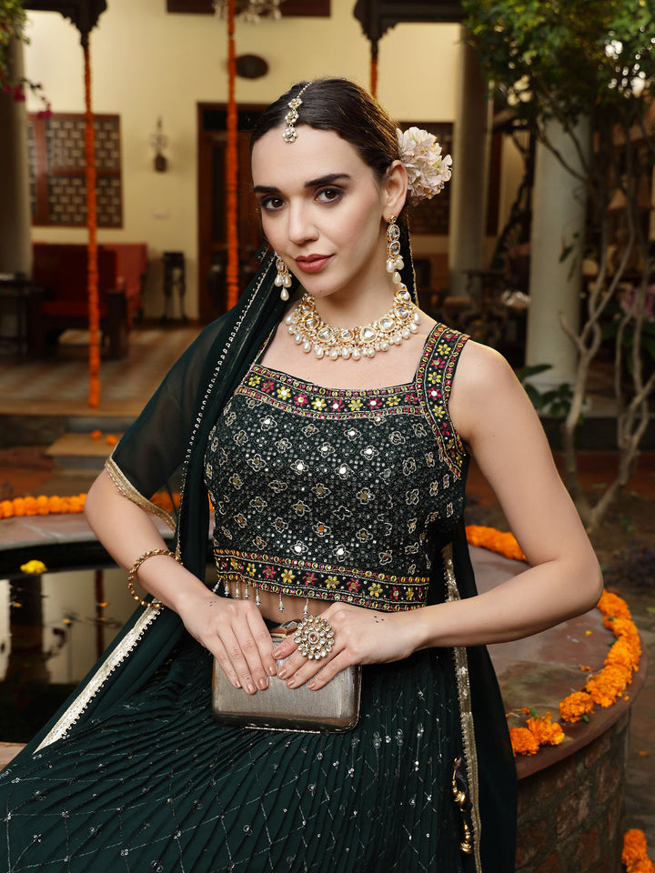 Green Embroidered Georgette Lehenga &amp; Blouse with Dupatta