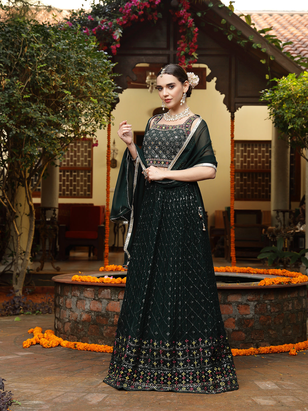 Green Embroidered Georgette Lehenga &amp; Blouse with Dupatta