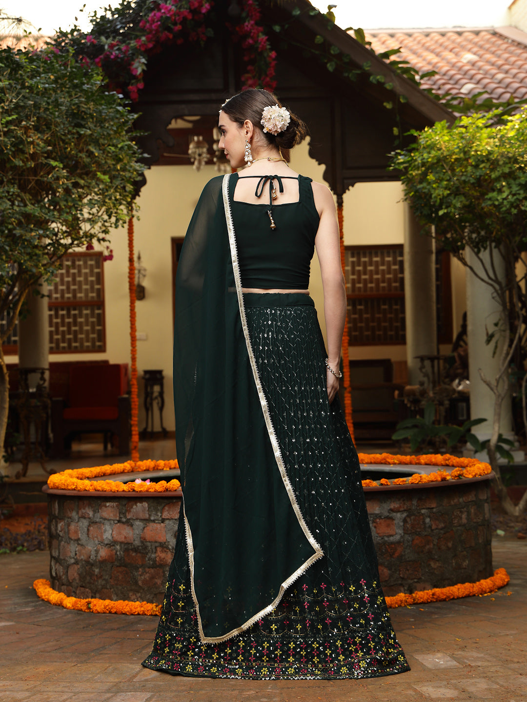 Green Embroidered Georgette Lehenga &amp; Blouse with Dupatta