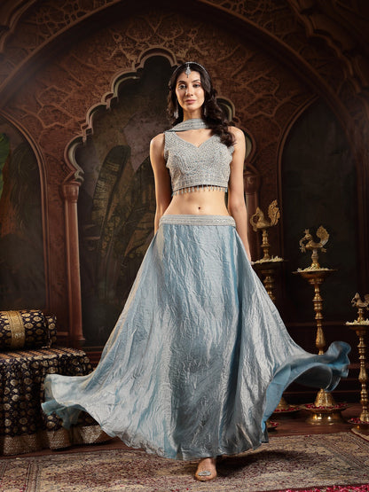 Grey Solid & Embroidered Silk Blend Lehenga Choli With Dupatta
