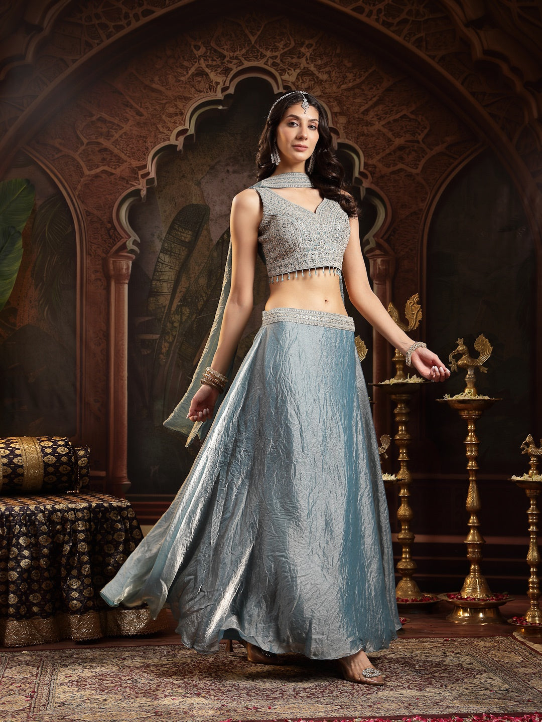 Grey Solid &amp; Embroidered Silk Blend Lehenga Choli With Dupatta