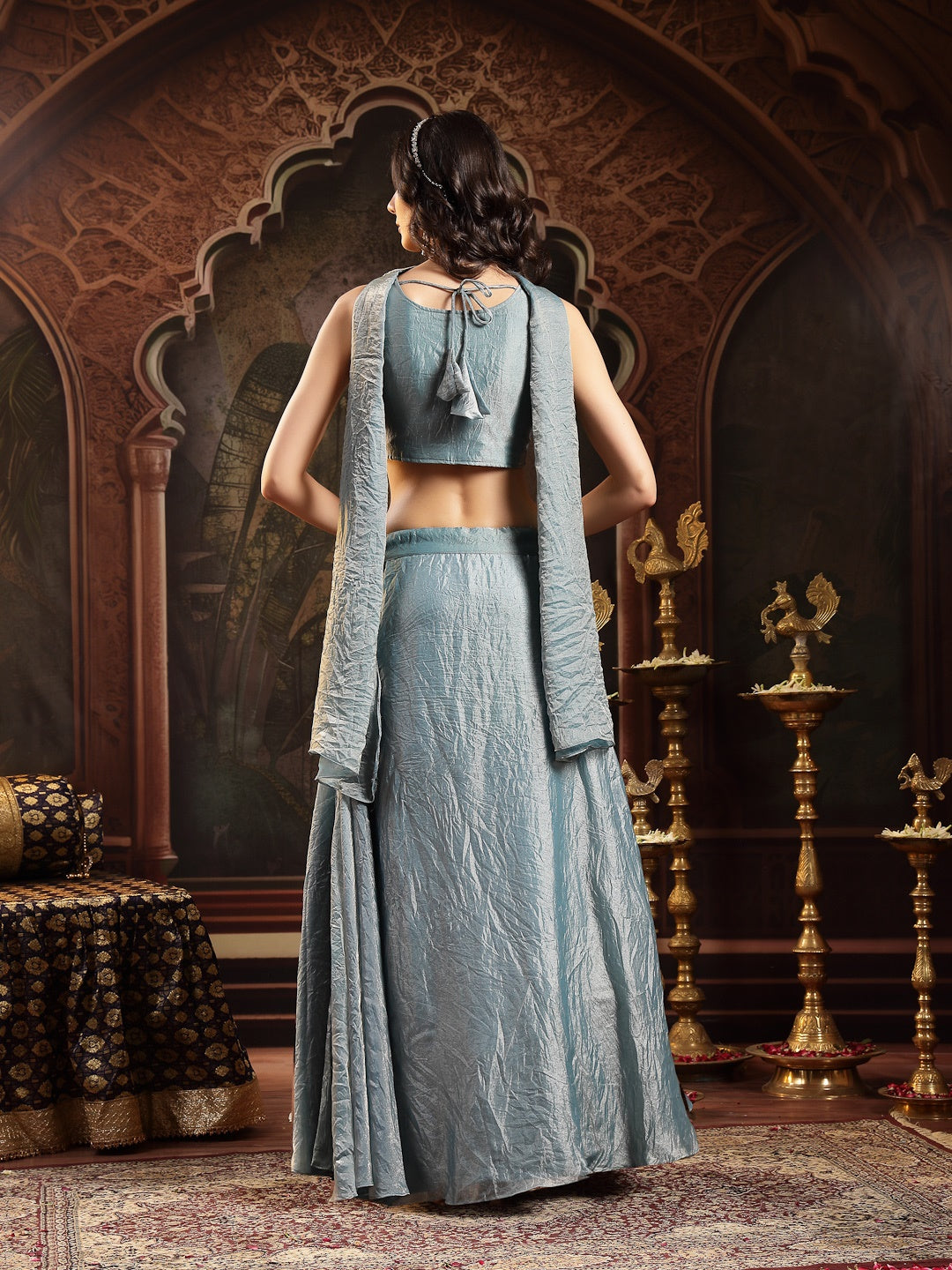 Grey Solid & Embroidered Silk Blend Lehenga Choli With Dupatta