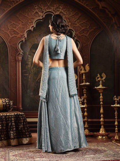 Grey Solid & Embroidered Silk Blend Lehenga Choli With Dupatta