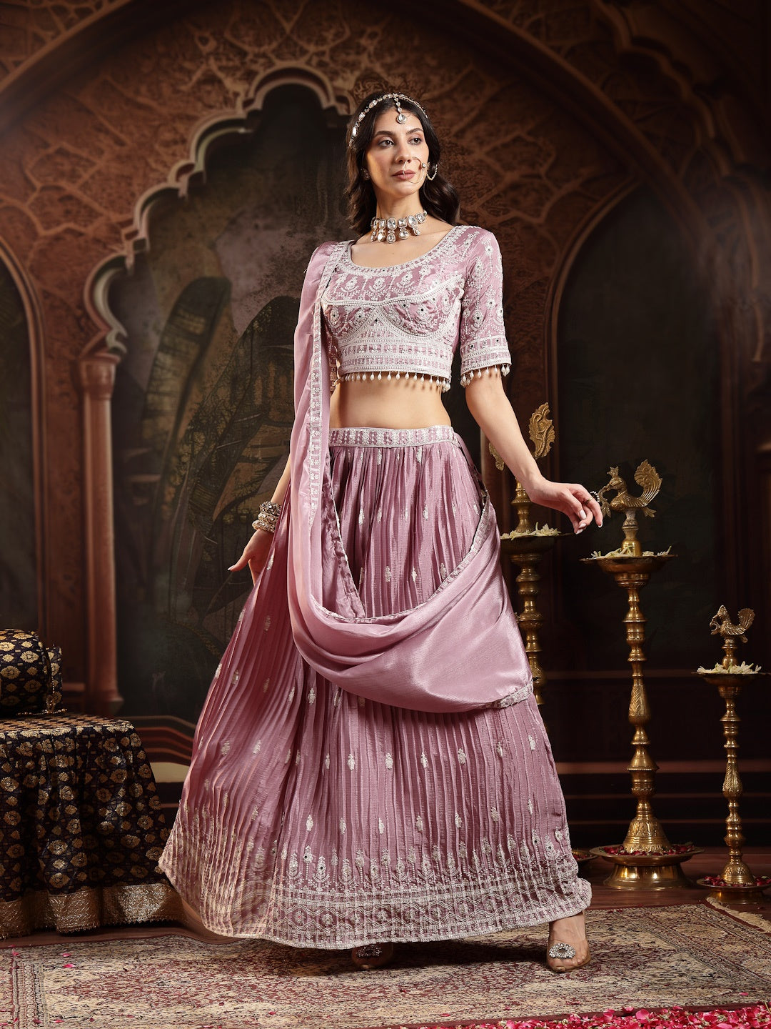 Lavender Embroidered Chinon Lehenga Choli With Dupatta (Pre-Order)