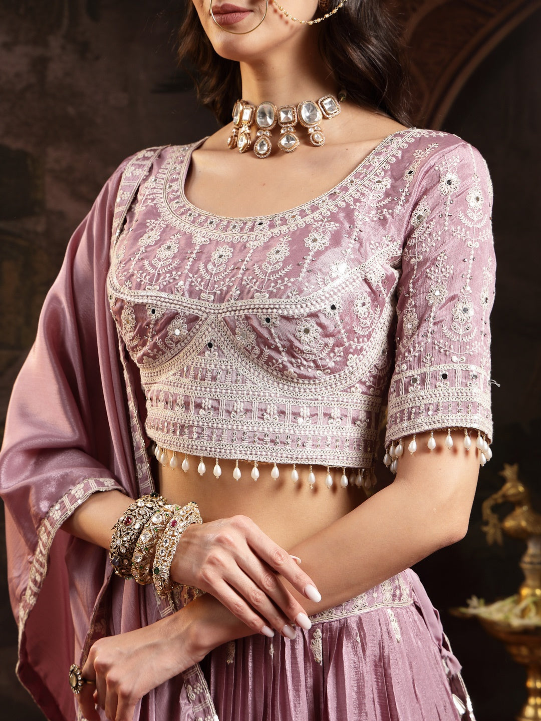 Lavender Embroidered Chinon Lehenga Choli With Dupatta