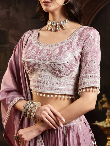 Lavender Embroidered Chinon Lehenga Choli With Dupatta