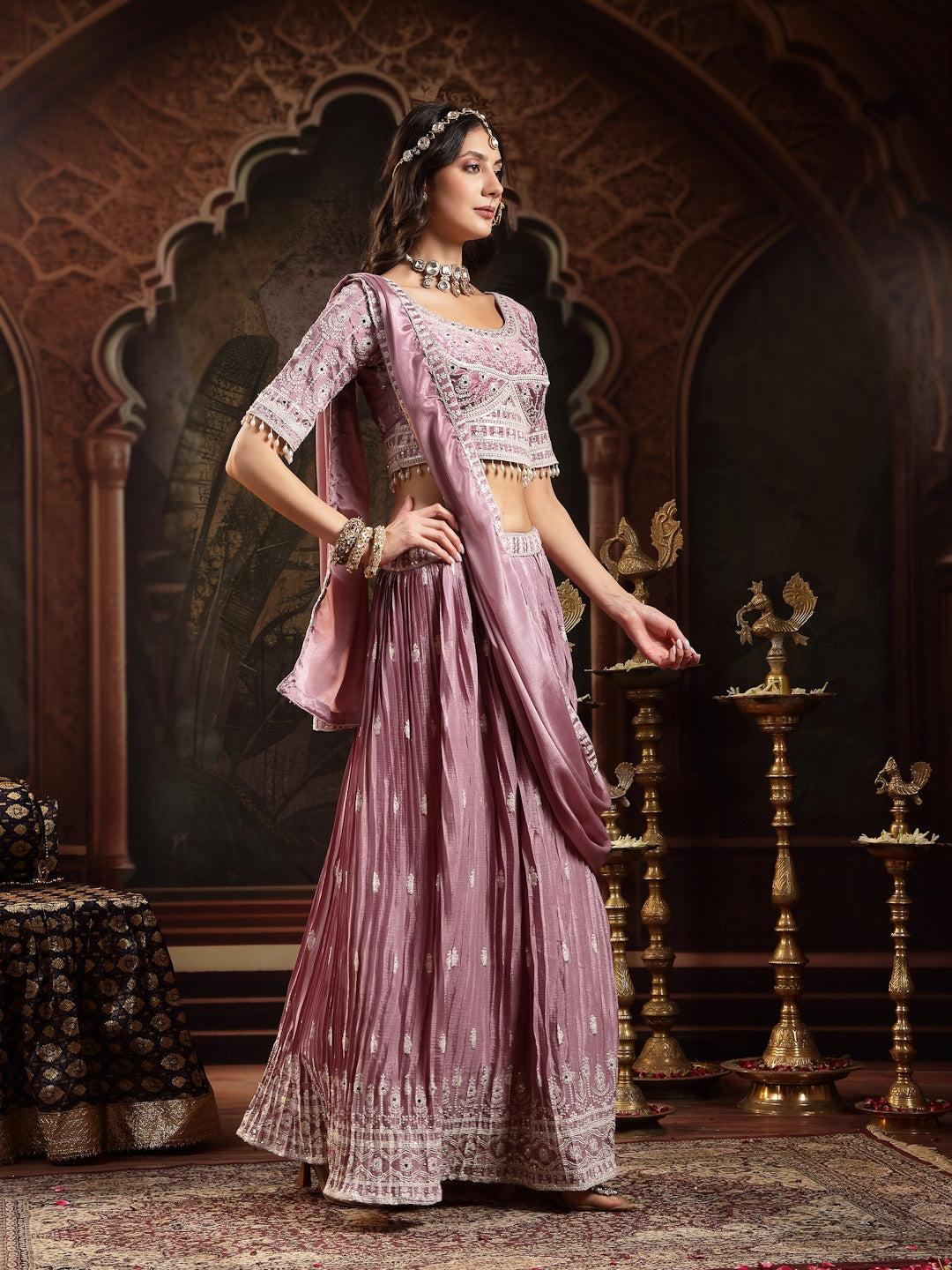 Lavender Embroidered Chinon Lehenga Choli With Dupatta