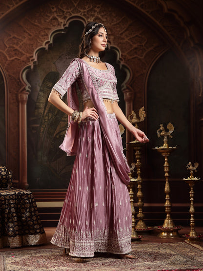 Lavender Embroidered Chinon Lehenga Choli With Dupatta