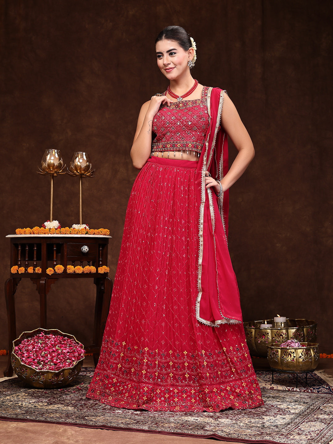 Magenta Embroidered Georgette Lehenga & Blouse With Dupatta