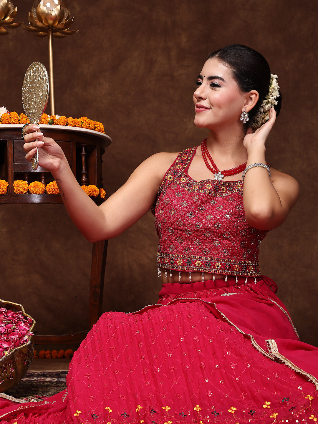 Magenta Embroidered Georgette Lehenga & Blouse With Dupatta
