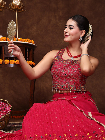 Magenta Embroidered Georgette Lehenga & Blouse With Dupatta